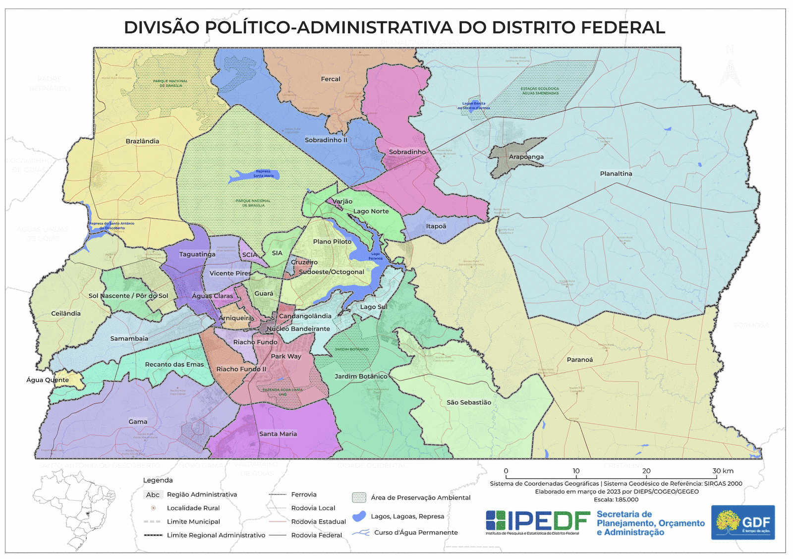 Mapa 1: Politico do Distrito Federal com 35 Regiões Administrativas
