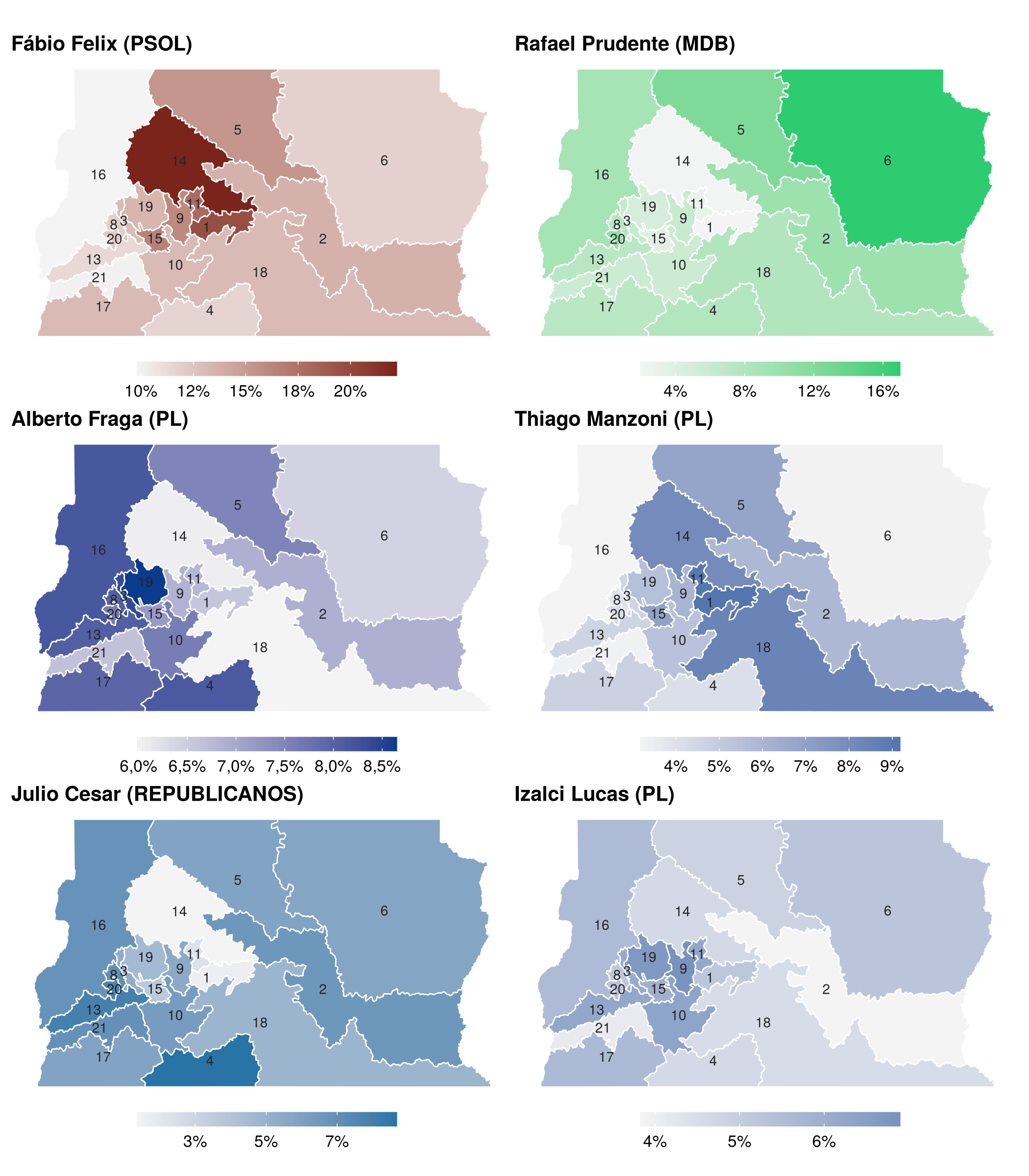 Figura 2: Deputado Federal: % dos votos de cada zona recebidos pelos seis mais votados (escala própria em cada mapa)