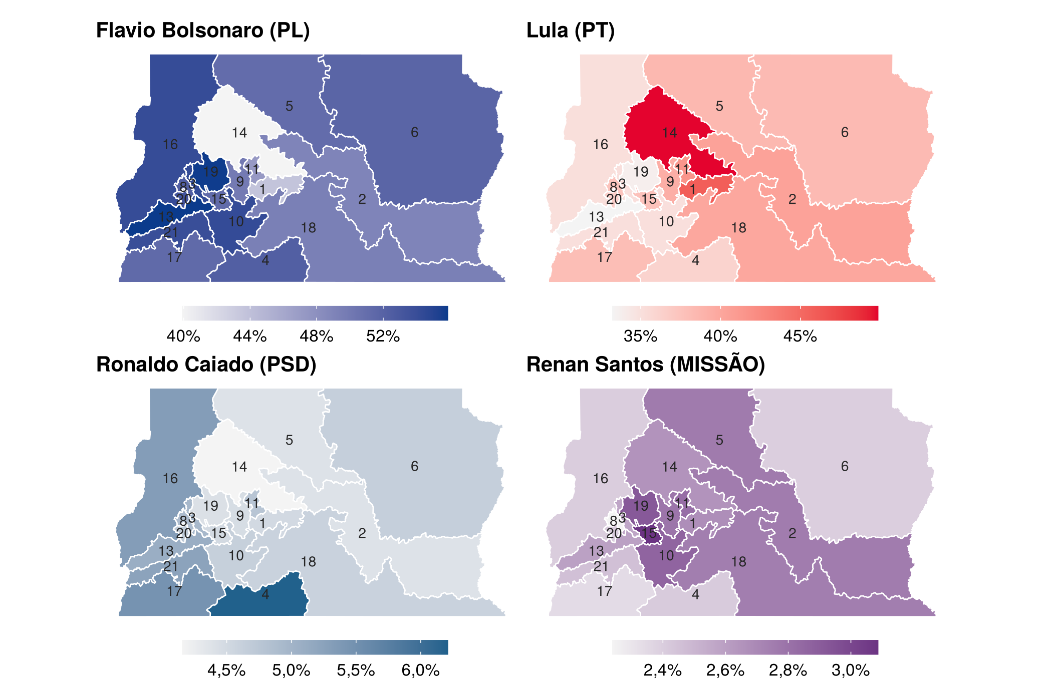 Figura 1: Presidente: % dos votos em cada zona, por candidato (cada mapa tem escala própria)