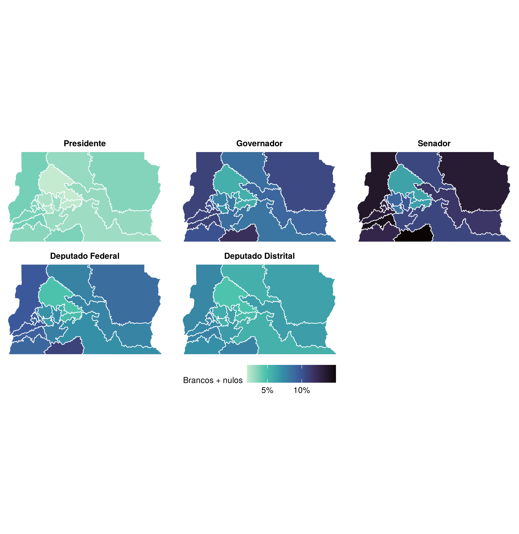 Figura 2: Votos brancos e nulos (% dos votos computados) por zona eleitoral e cargo