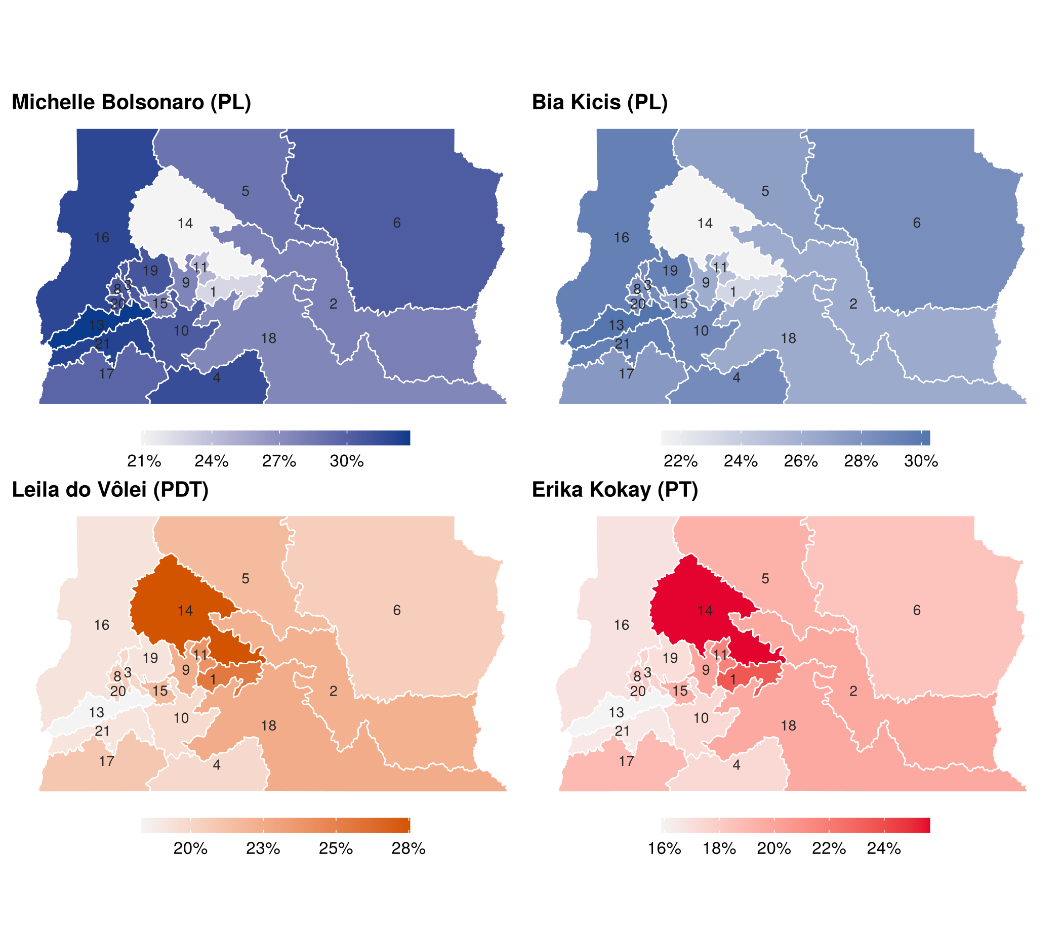 Figura 1: Senador: % dos votos em cada zona, por candidato (cada mapa tem escala própria)