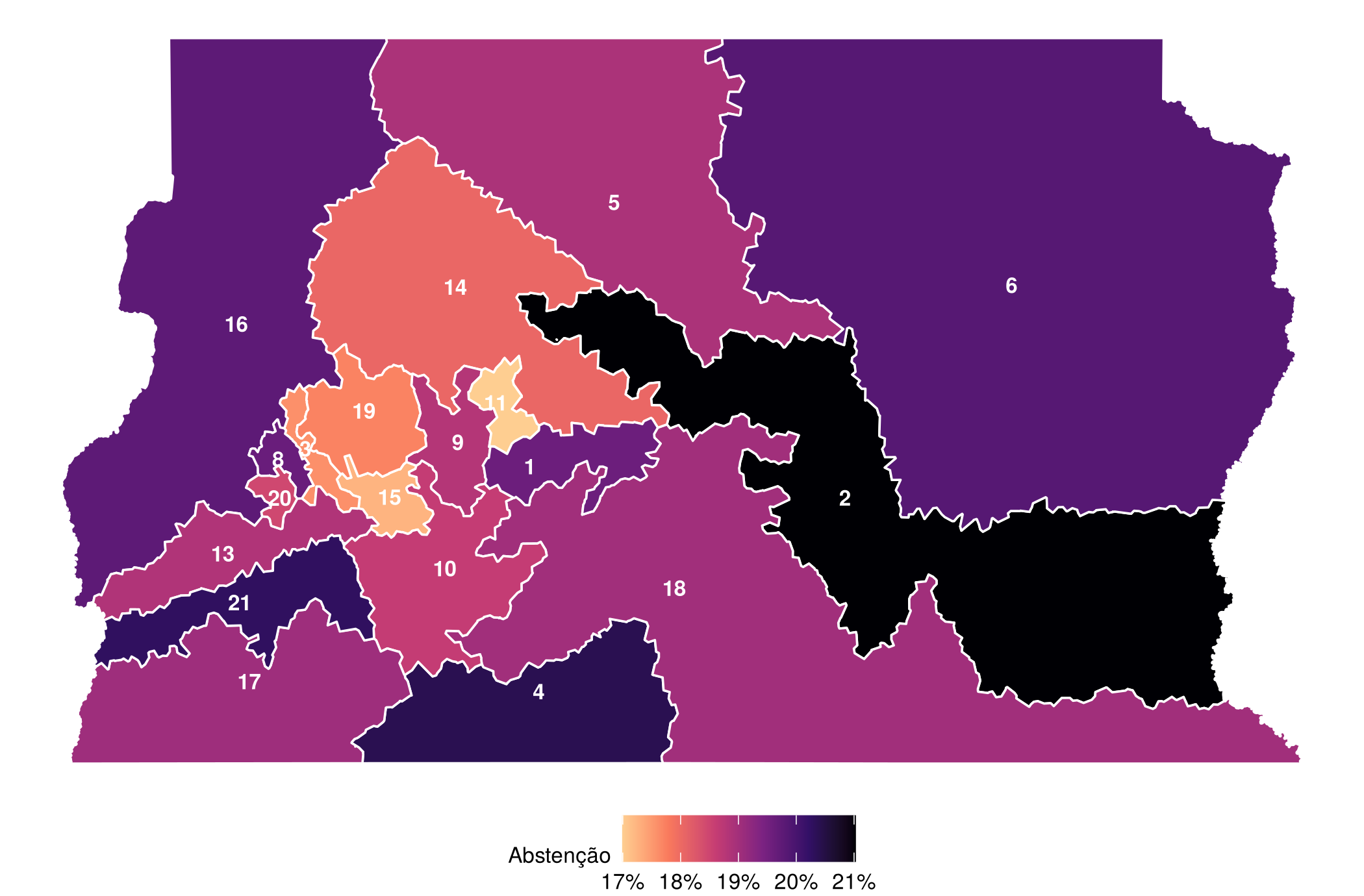 Figura 1: Abstenção (% do eleitorado) em cada zona eleitoral do DF