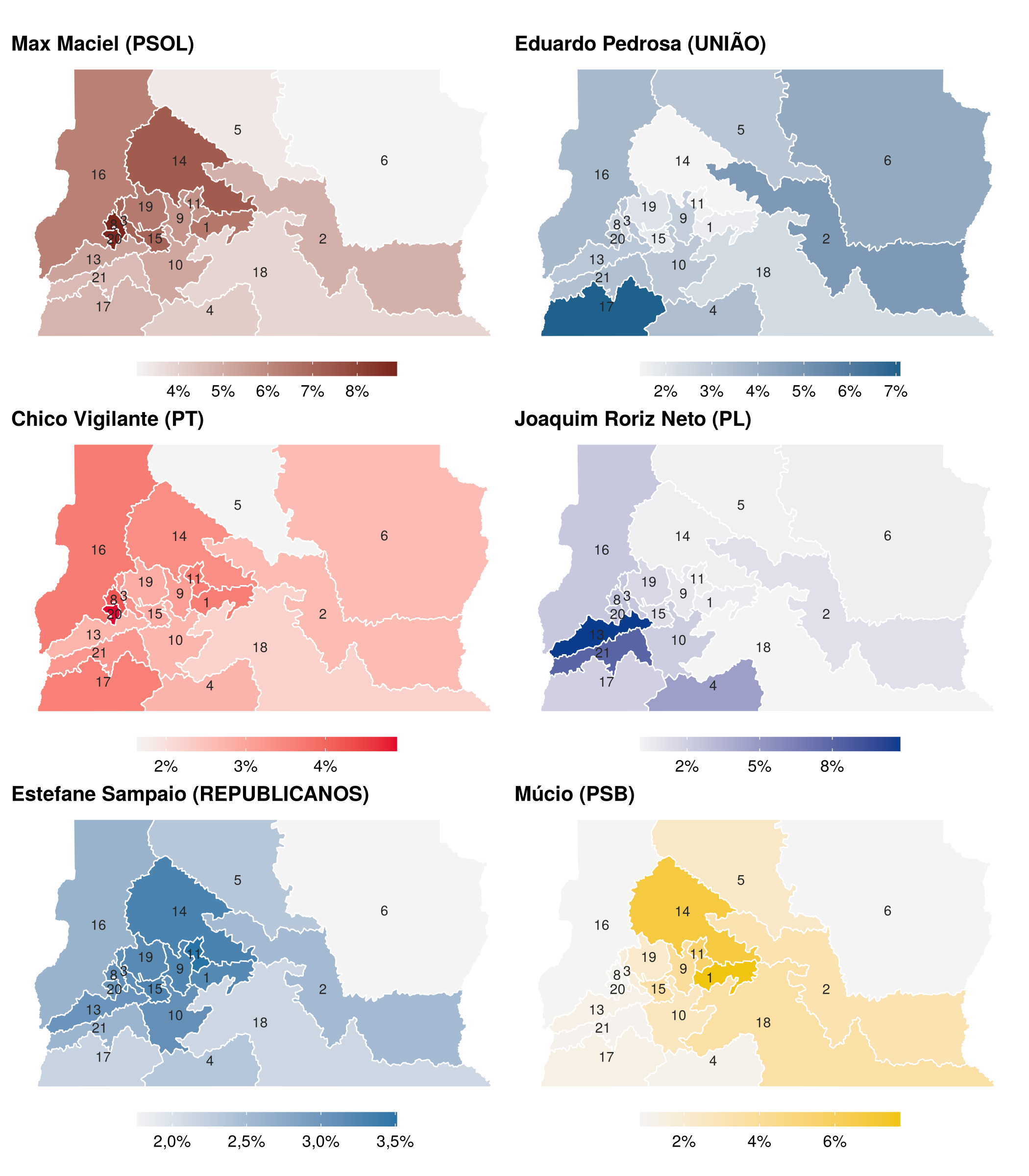 Figura 2: Deputado Distrital: % dos votos de cada zona recebidos pelos seis mais votados (escala própria em cada mapa)