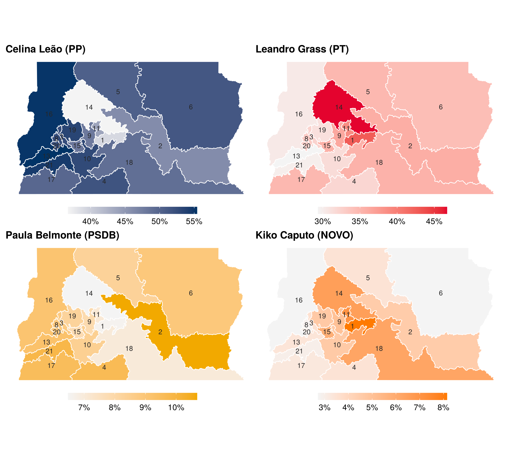 Figura 1: Governador: % dos votos em cada zona, por candidato (cada mapa tem escala própria)