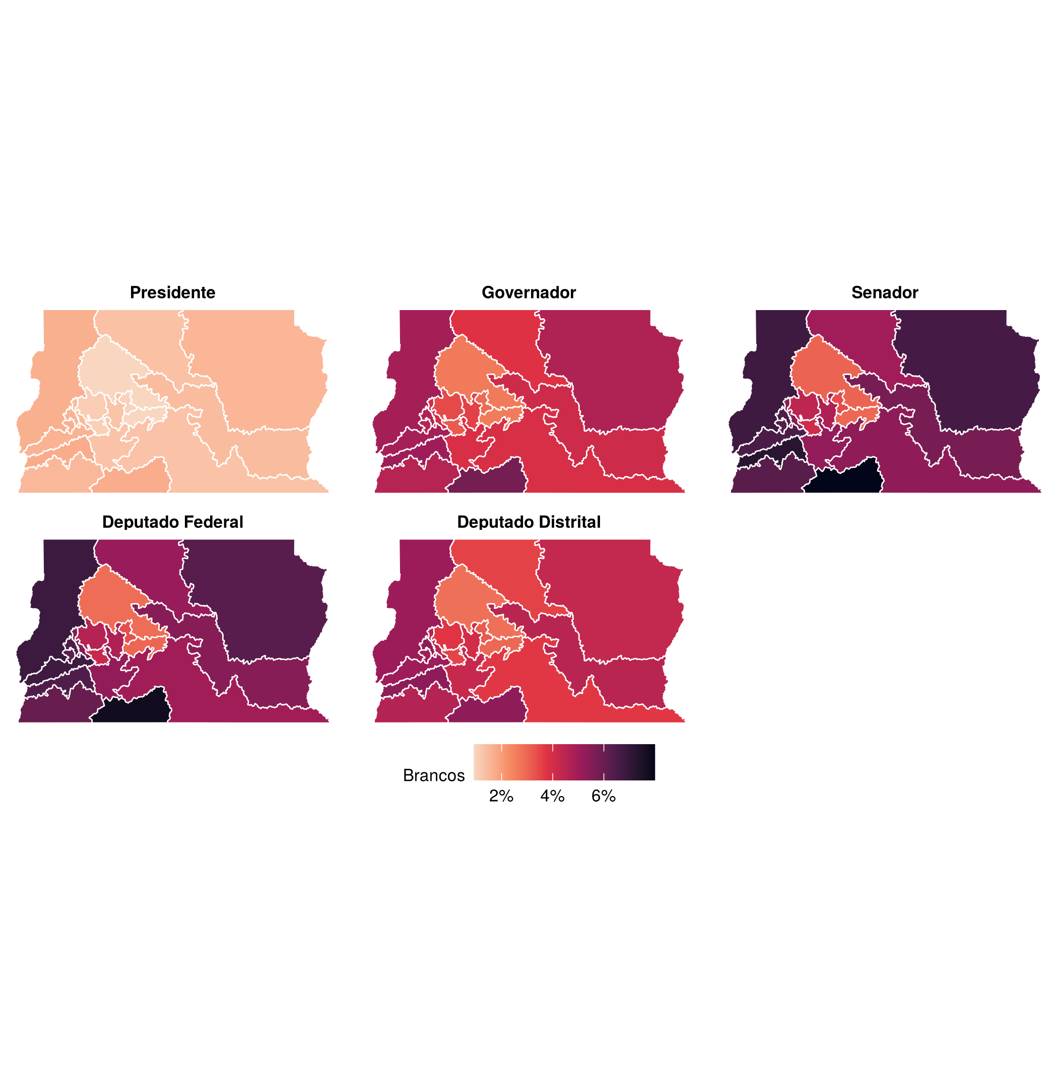 Figura 3: Votos brancos (% dos votos computados) por zona eleitoral e cargo